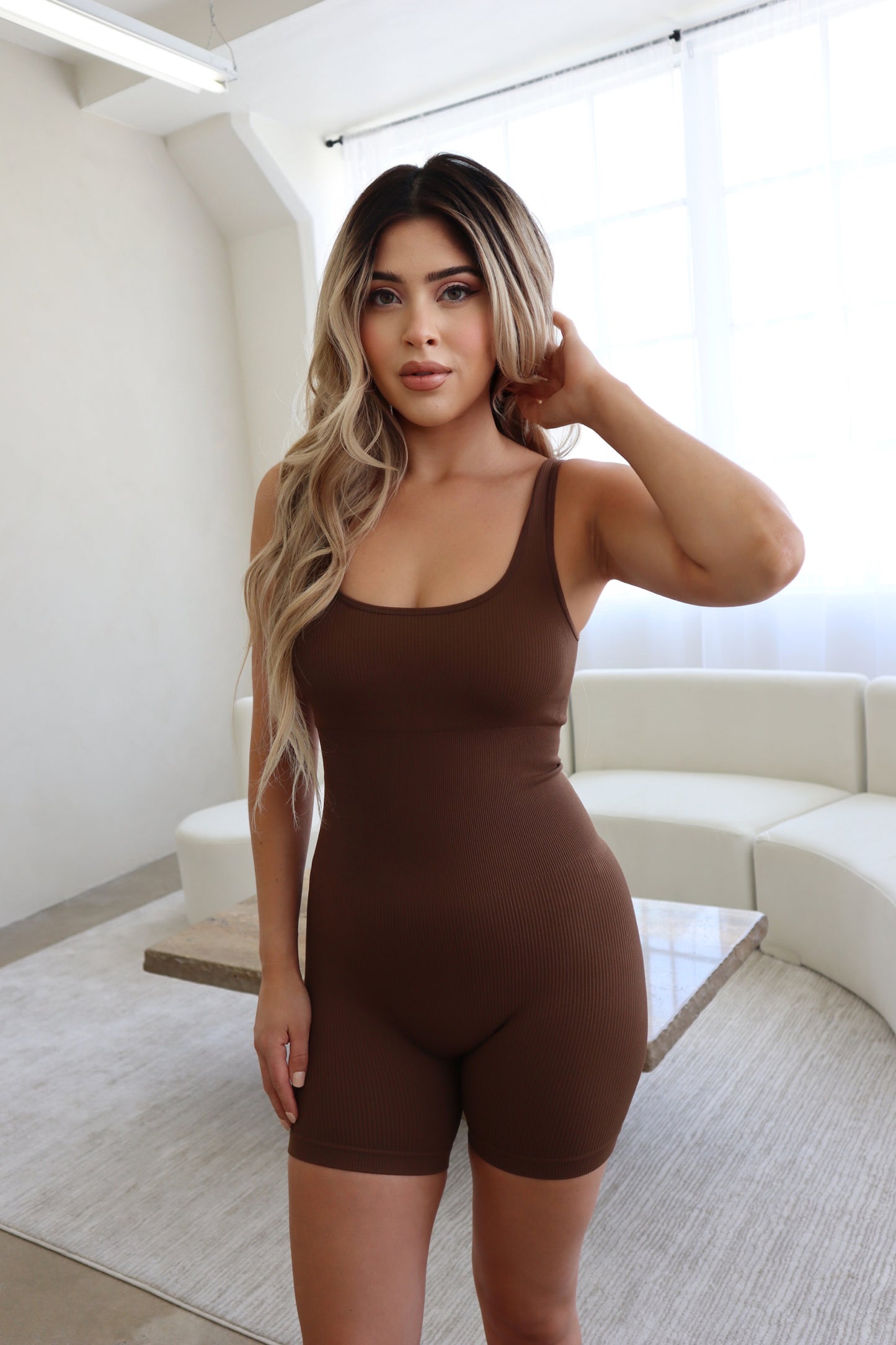 Girl Power Ribbed Romper (BROWN)