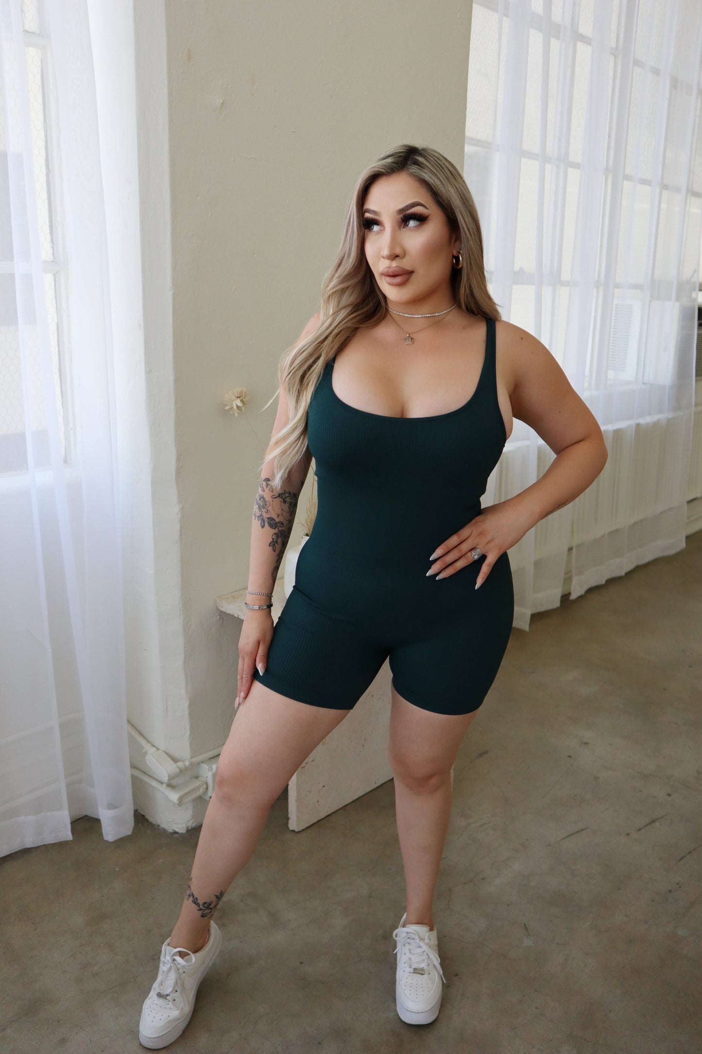 Girl Power Ribbed Romper (DARK GREEN)