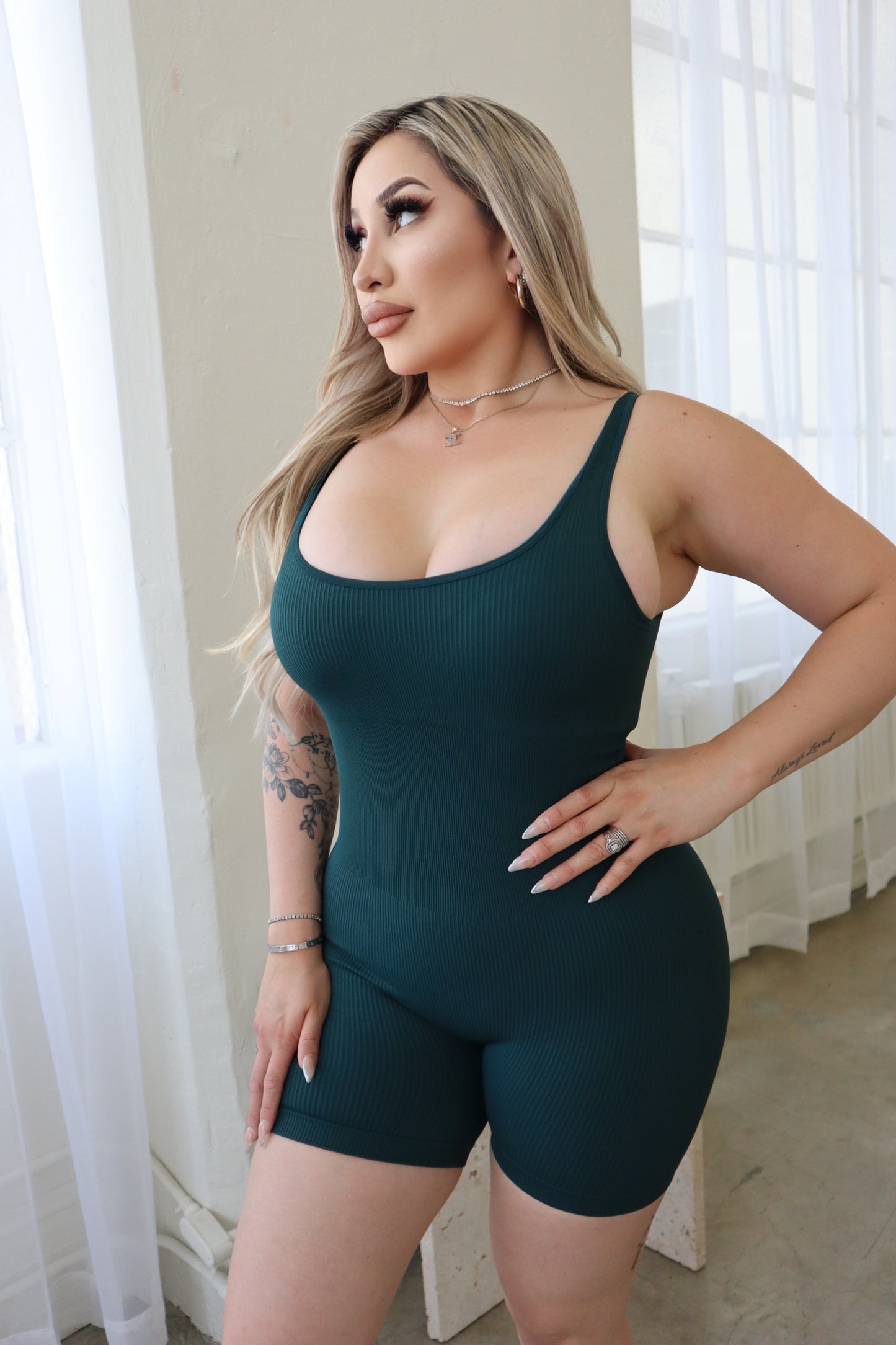 Girl Power Ribbed Romper (DARK GREEN)