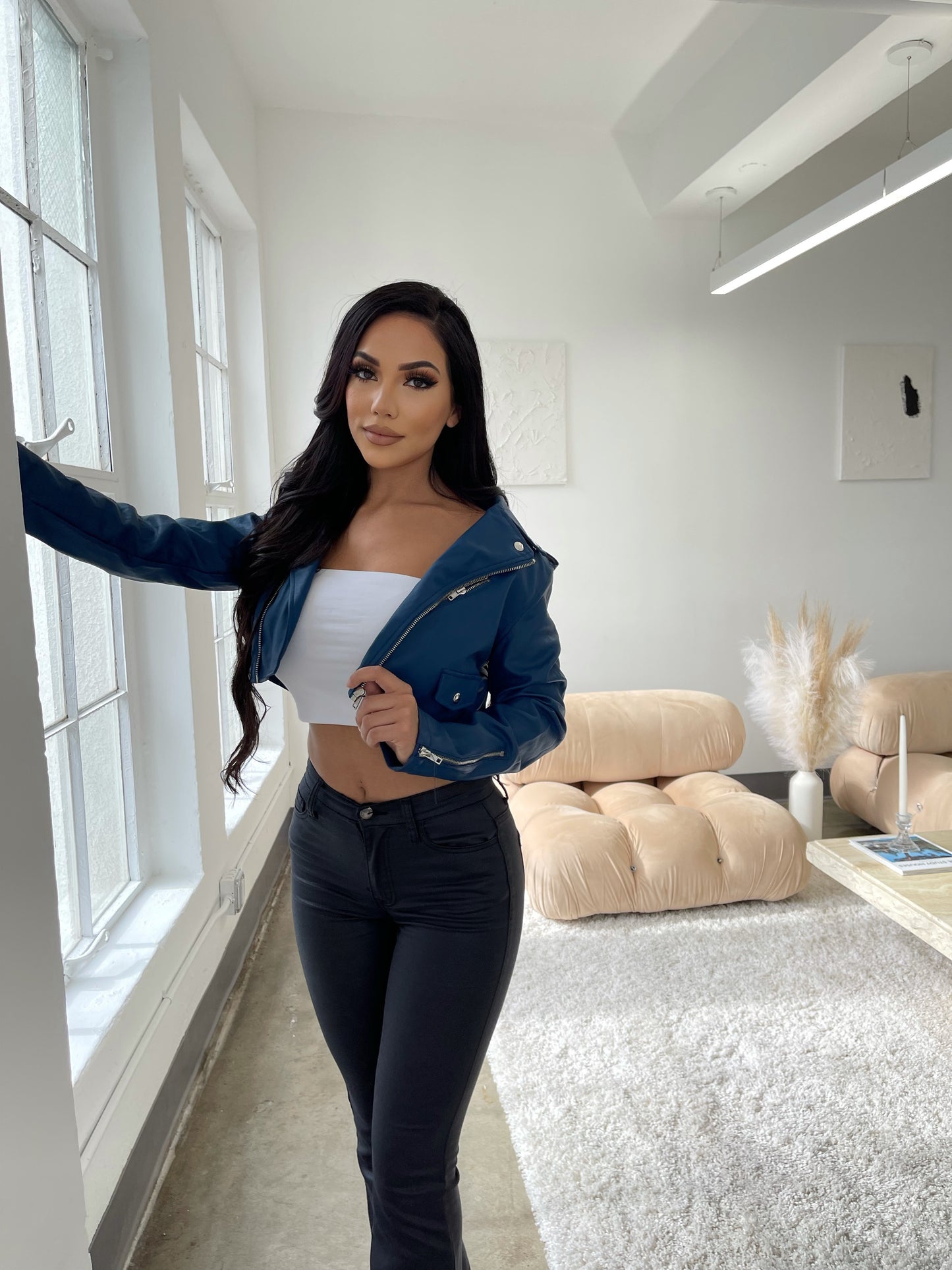 Cant Blame You Cropped Leather Jacket (BLUE)