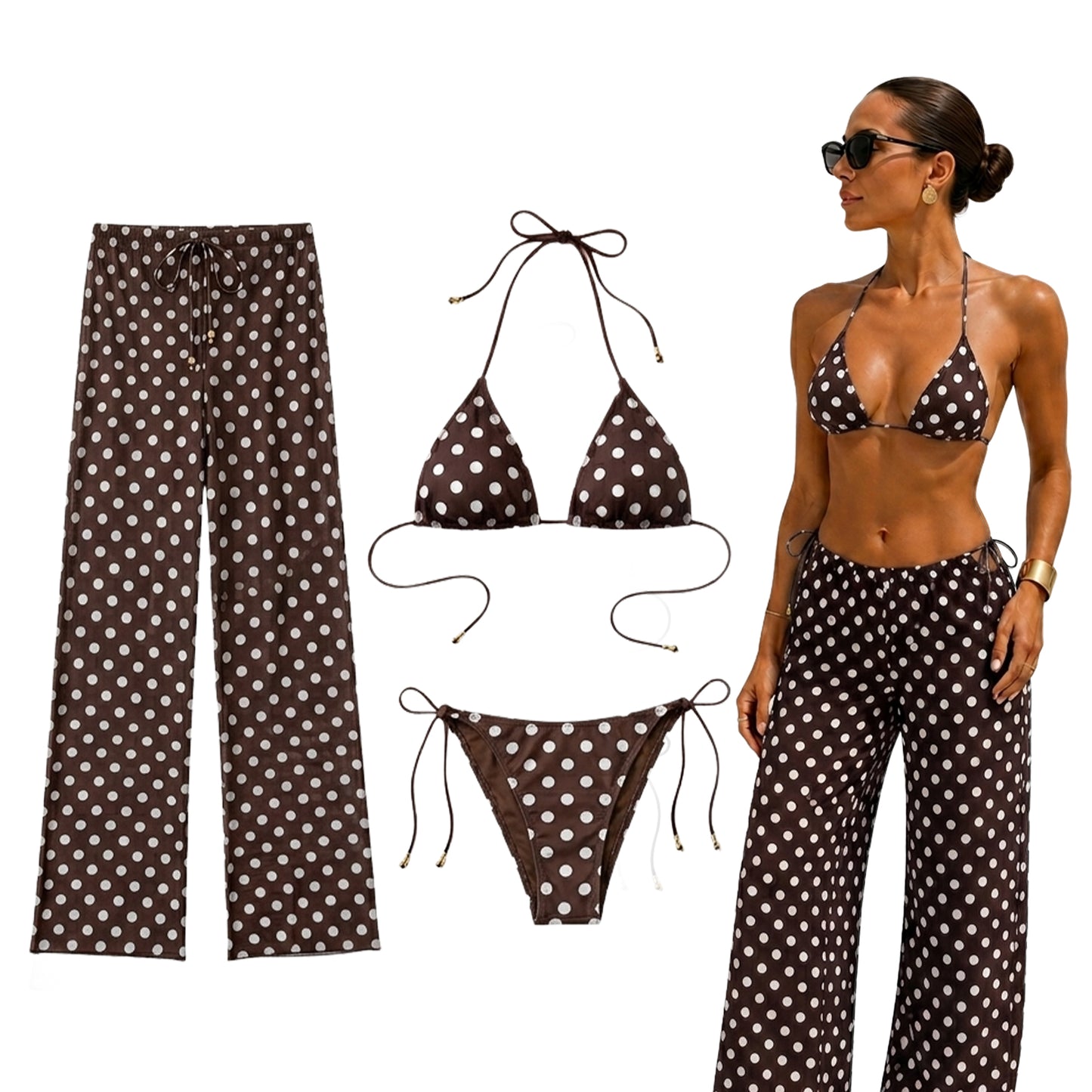 3 Piece Polka Dot Bikini & Sheer Pants Set
