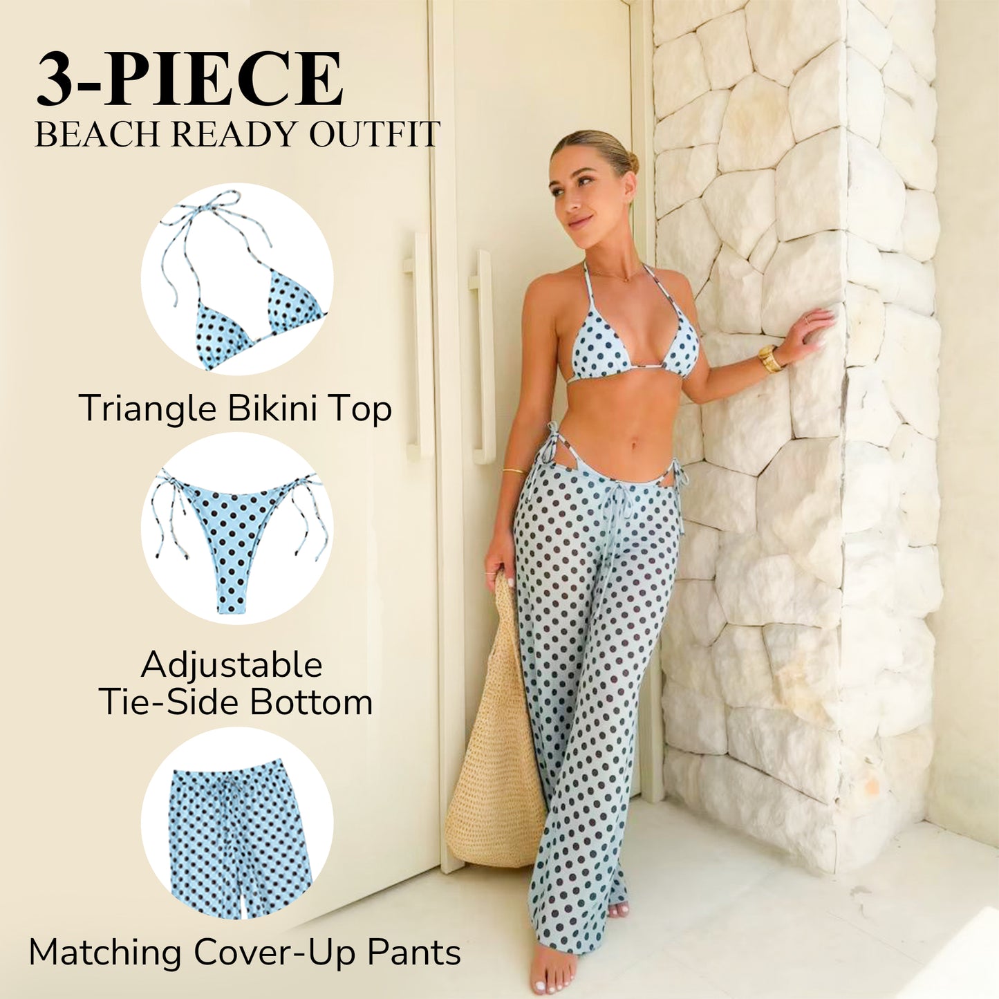 3 Piece Polka Dot Bikini & Sheer Pants Set