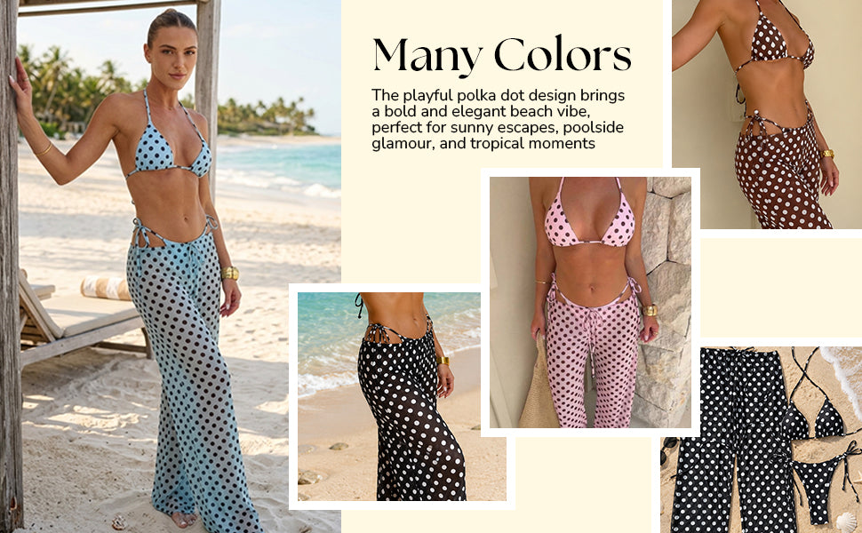 3 Piece Polka Dot Bikini & Sheer Pants Set