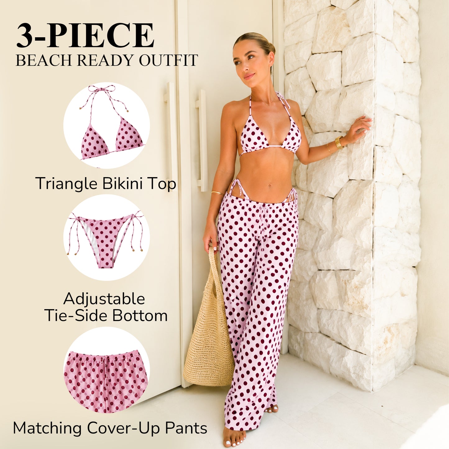 3 Piece Polka Dot Bikini & Sheer Pants Set