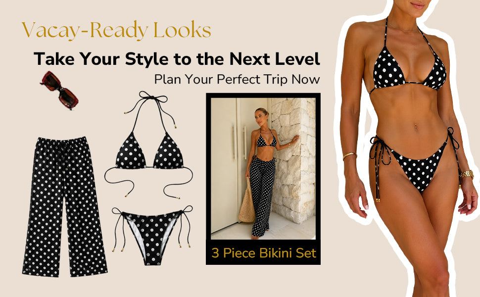 3 Piece Polka Dot Bikini & Sheer Pants Set